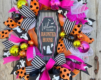 Halloween wreath, pink and orange Halloween wreath, Whimsical Halloween decor, Welcome to our haunted house