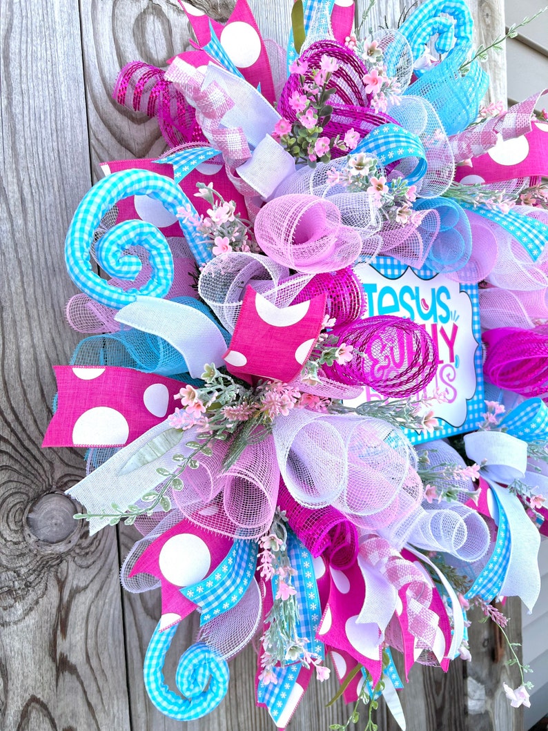 Eater decor, religious Easter wreath for door, pink and blue Easter wreath, whimsical Easter decor, Easter jelly beans image 4