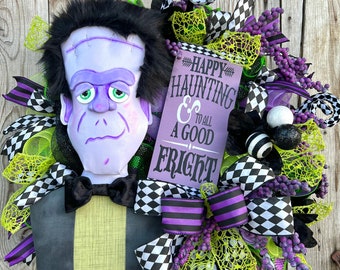 Frankenstein Halloween wreath, Frankie wreath, Halloween decor, whimsical Halloween wreath, Halloween for door