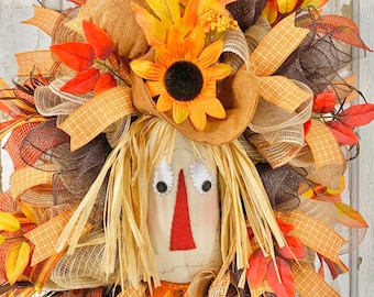 Scarecrow wreath for front door, scarecrow door decor, fall wreath