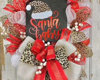 Santa baby wreath, whimsical Christmas door decor, cheetah Christmas wreath