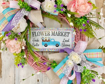 vintage truck spring, spring truck wreath, spring floral wreath for front door pink, peony wreath