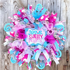 Eater decor, religious Easter wreath for door, pink and blue Easter wreath, whimsical Easter decor, Easter jelly beans image 1