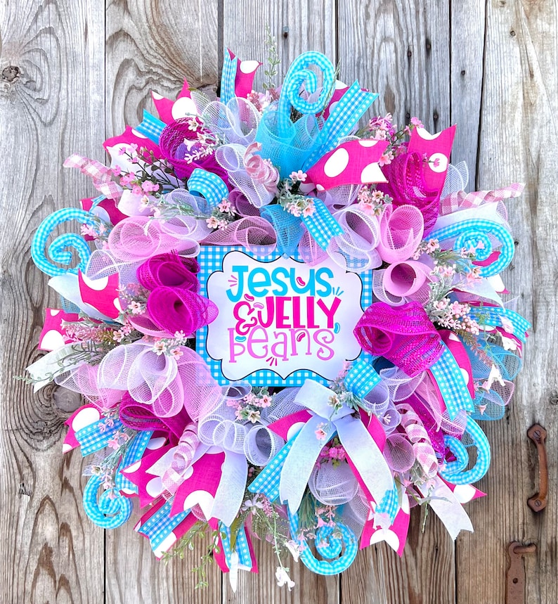 Eater decor, religious Easter wreath for door, pink and blue Easter wreath, whimsical Easter decor, Easter jelly beans image 1