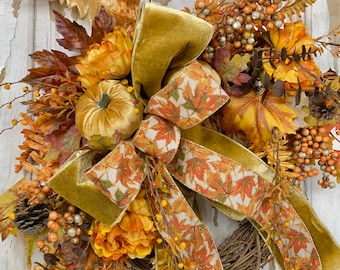 Velvet pumpkin wreath, elegant fall decor, fall floral wreath