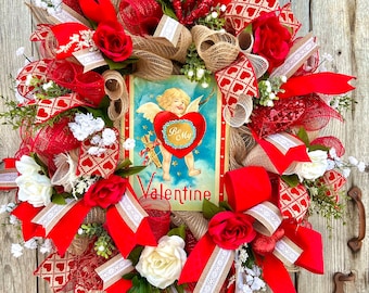 Vintage Valentines Day wreath, Cupid wreath,Valentines day decor for door