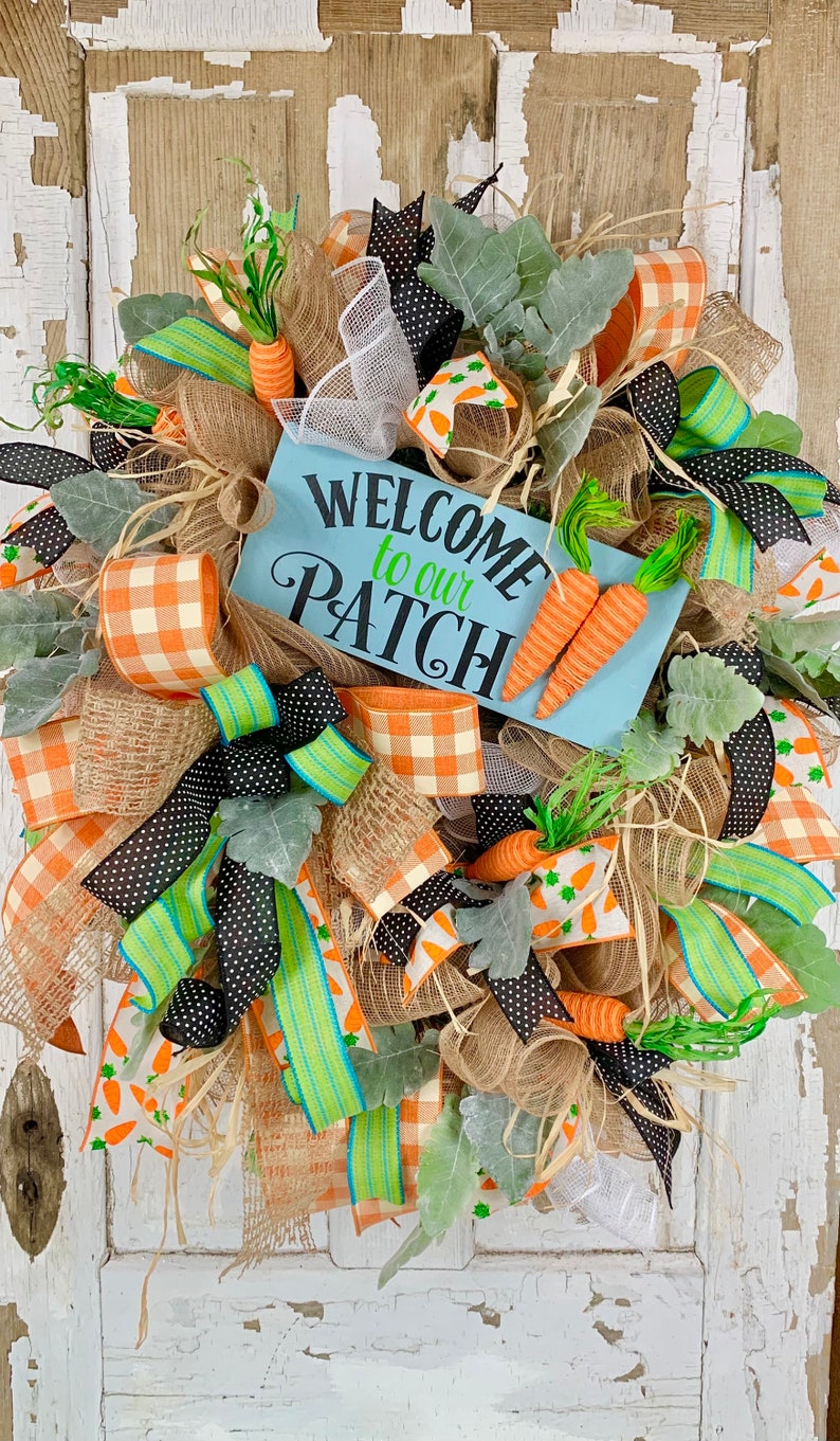 spring wreaths with carrots farmers market wreath Easter wreath for front door with carrots Welcome to our patch wreath