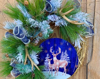 Winter deer wreath for front door, winter wreath with deer, wreath with antlers, woodsy wreath, hunter wreath