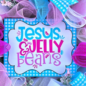 Eater decor, religious Easter wreath for door, pink and blue Easter wreath, whimsical Easter decor, Easter jelly beans image 2