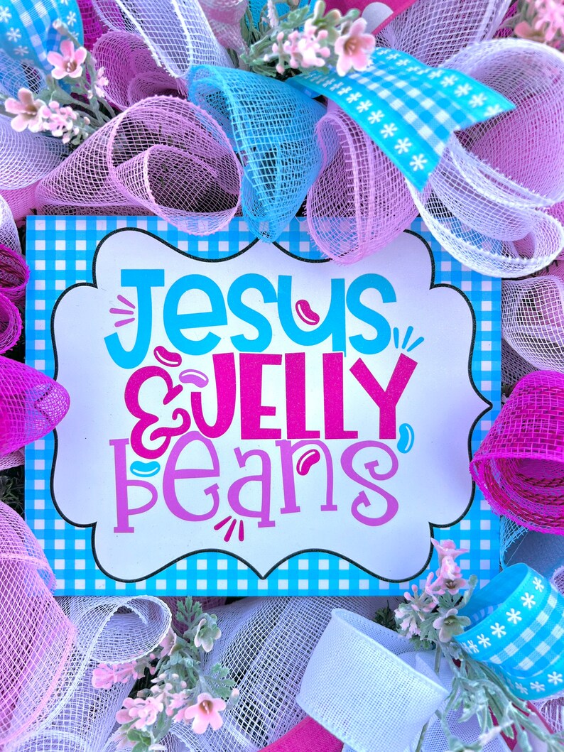 Eater decor, religious Easter wreath for door, pink and blue Easter wreath, whimsical Easter decor, Easter jelly beans image 2