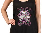 Women 39 s 3 Sugar Skulls Floral Print Polyester Tank Tops for Regular and PLUS - Small 3XL (mu-028-tp)