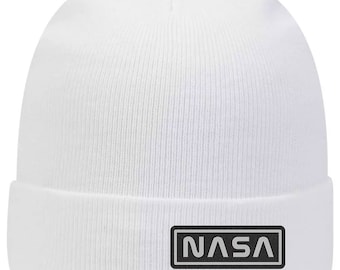 Gorro de punto clásico de 30 cm con puños de punto y parche de letras de la NASA en mezcla de algodón de alta calidad para hombre y mujer.