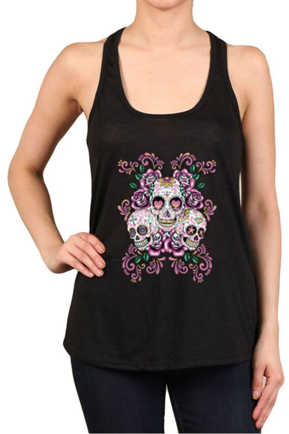 Women's 3 Sugar Skulls & Floral Print Polyester Tank Tops | Etsy