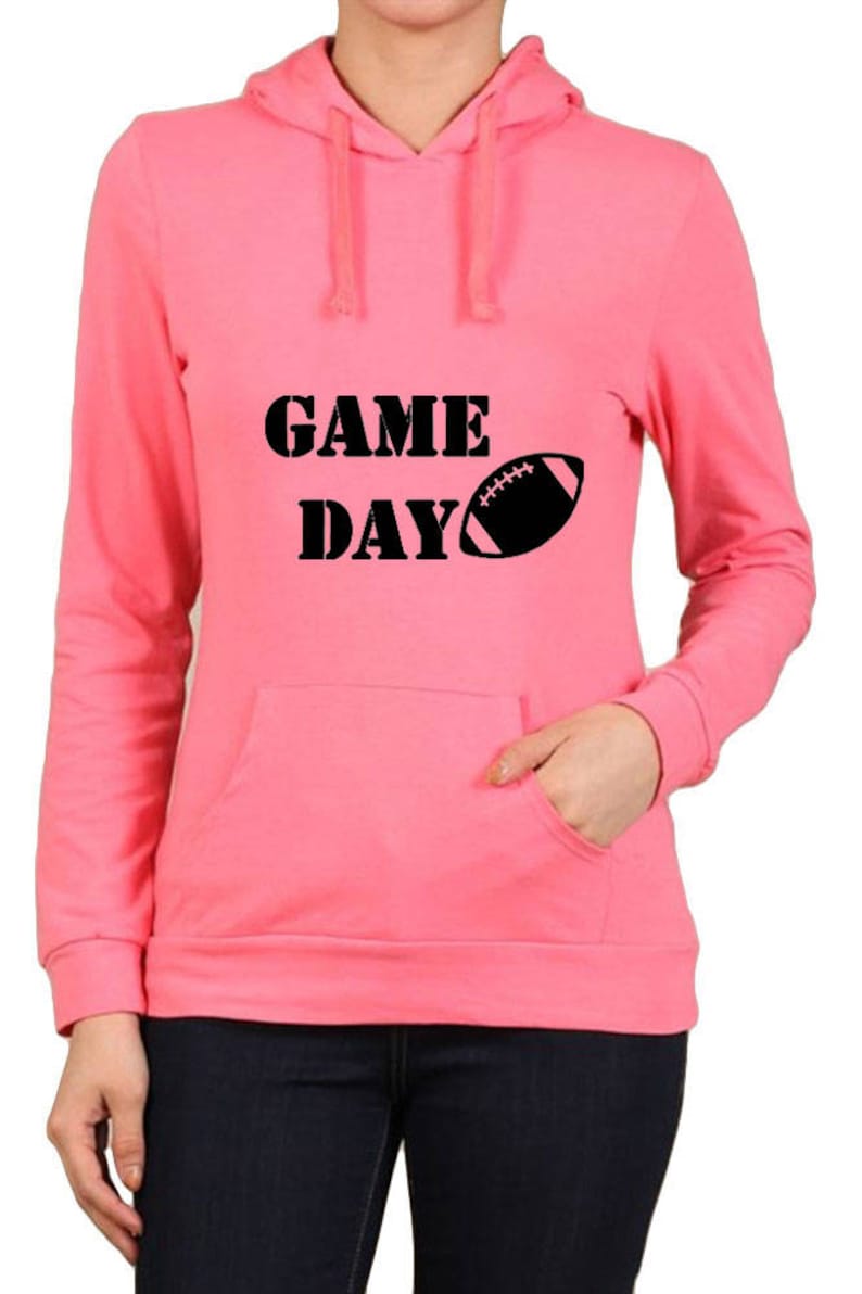 S-XL Womens Regular Game Day with Football Graphic Kangaroo Pocket Hooded Long Sleeve Cotton Spandex Sweatshirt hr-016-tp
