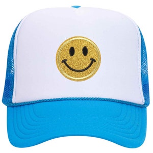 Glitter Happy Face Embroidered Patch Neon 5 Panel High Crown Foam Mesh Back Trucker Hat - For Men and Women