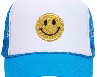Glitter Happy Face Embroidered Patch Neon 5 Panel High Crown Foam Mesh Back Trucker Hat - For Men and Women