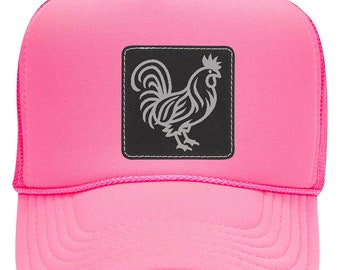 Neon Rooster Trucker Hat: Leatherette Patch, High Crown