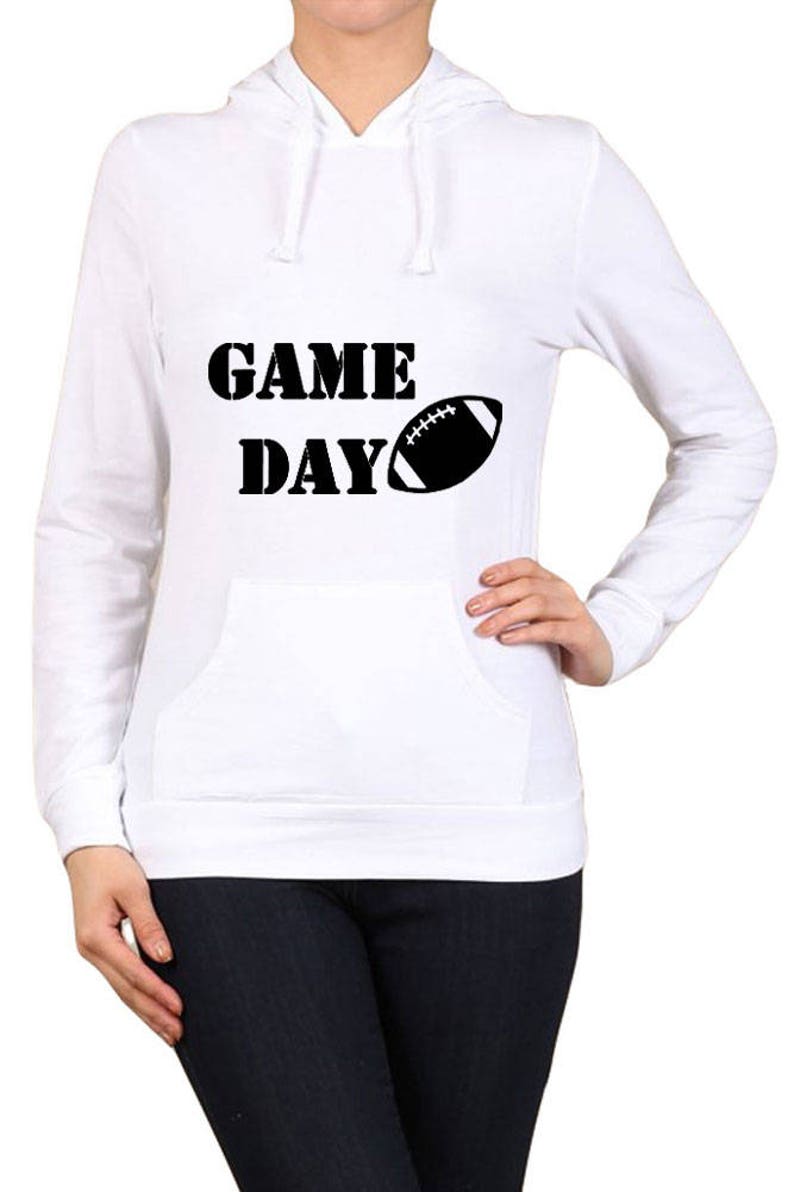 S-XL Womens Regular Game Day with Football Graphic Kangaroo Pocket Hooded Long Sleeve Cotton Spandex Sweatshirt hr-016-tp
