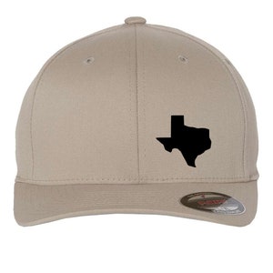 Boné de sarja preto Texas Map Letter 6 painéis de perfil médio Flexfit fechado nas costas – tamanho pequeno a 2XL grande