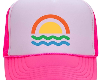 Sun Wave or Three Waves Retro Color Printed Neon 5 Panel High Crown Foam Mesh Back Trucker Hat - For Men and Women
