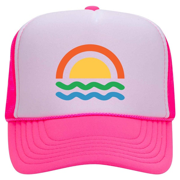 Sun Wave or Three Waves Retro Color Printed Neon 5 Panel High Crown Foam Mesh Back Trucker Hat - For Men and Women