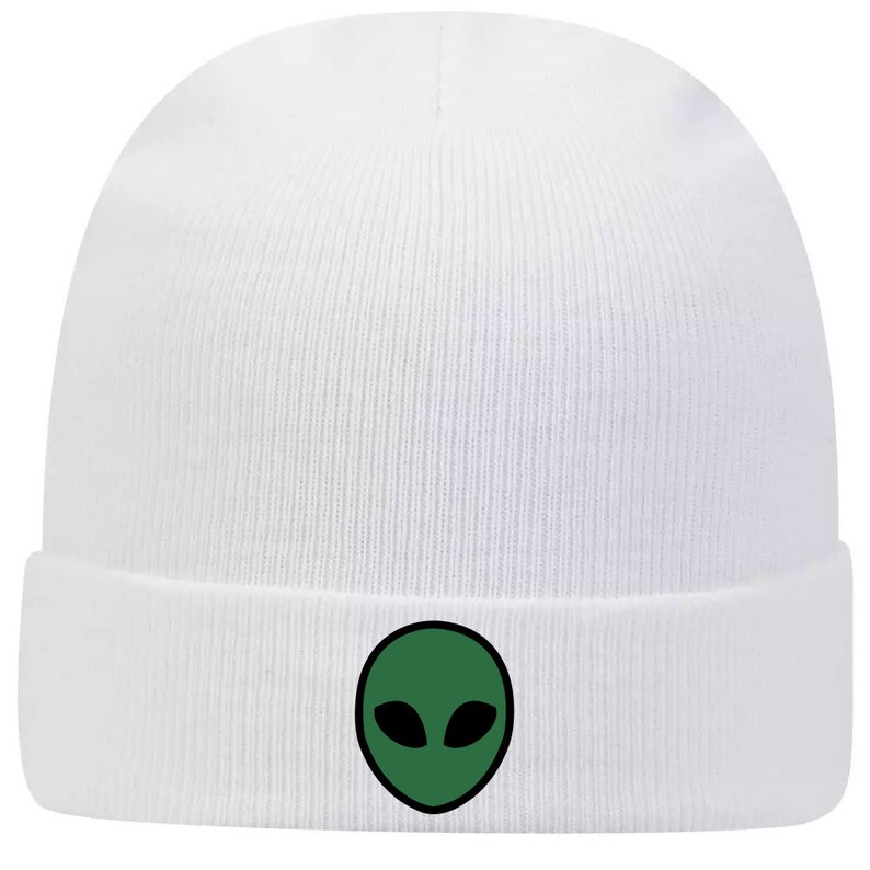 Green Alien Head Graphic Beanie - Cotton Blend Knit Cuff Hat For Men & Women - View #8