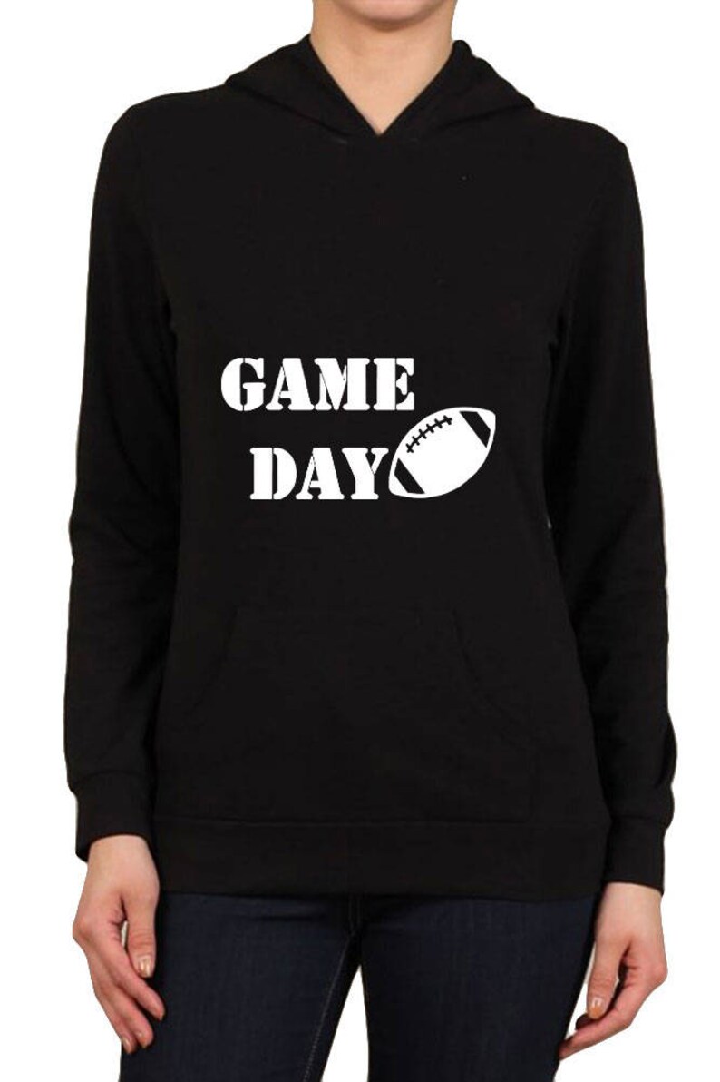 S-XL Womens Regular Game Day with Football Graphic Kangaroo Pocket Hooded Long Sleeve Cotton Spandex Sweatshirt hr-016-tp