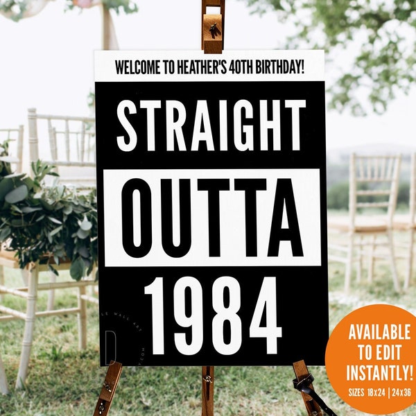 Straight outta 1984 birthday decoration, My thirties, 40th party sign, Forty welcome board, 90s hip hop rap printable, Digital download