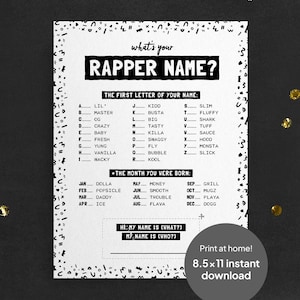 Hip Hop Rapper Name Game, Printable 90s Birthday Party Activity