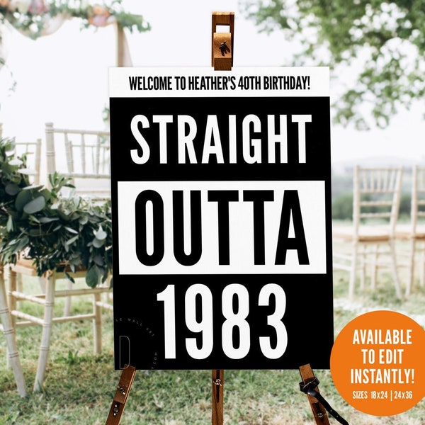 Straight outta 1983 birthday decoration, My thirties, 40th party sign, Forty welcome board, 90s hip hop rap printable, Digital download