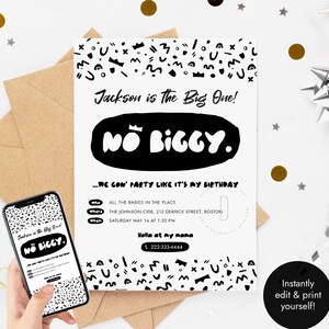 The Big One-Geburtstagseinladung, Hip-Hop-Partydekorationen, 90er Jahre Rap-Musik-Thema, druckbare Einladungskarte, bearbeitbare Vorlage, digitaler Download