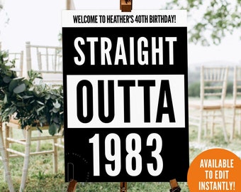 Straight outta 1983 birthday decoration, My thirties, 40th party sign, Forty welcome board, 90s hip hop rap printable, Digital download
