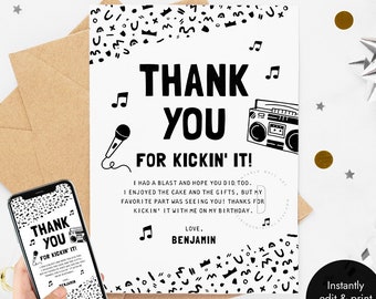 Thanks for kicking it with me card, Hip hop birthday party decoration, Thank you note, Editable digital template, Instant download printable