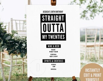 Straight outta my twenties, Printable birthday sign download, 90s hip hop party decor, Menu template, Outta my 20s, 30s, 40s, DIGITAL FILE