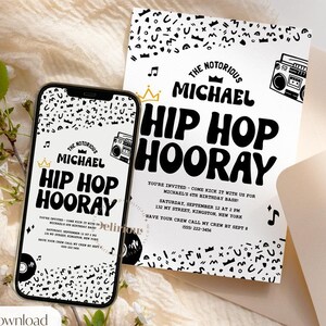 Hiphop hoera verjaardagsuitnodiging, jaren 90 rap feestdecoratie, muziek afdrukbare online mobiel, bewerkbaar bericht, sjabloon voor jongensmeisje