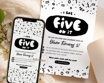 I got five on it invitation, Editable 5th birthday party decor, 90s hip hop rap theme, Card template, Mobile online invite, Digital download