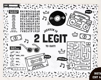 Two legit to quit decoration, Activity placemat game, Notorious 2nd birthday, Printable coloring page, Rap party favor, 90s hip hop sign