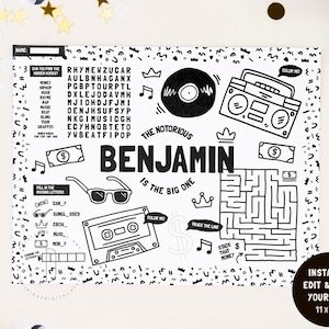 Notorious one birthday activity placemat, Hip hop printable, Game sheet, 90s rap decoration, Coloring page party favor, Digital Download image 1