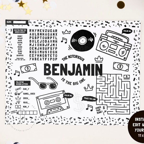 Notorious one birthday activity placemat, Hip hop printable, Game sheet, 90s rap decoration, Coloring page party favor, Digital Download