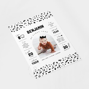 May include: A black and white printable first birthday milestone poster with a photo of a baby boy wearing a crown. The poster features the baby's name, Benjamin, and details about his first year, including his weight, height, and favorite things. The poster is decorated with a variety of black and white geometric shapes.