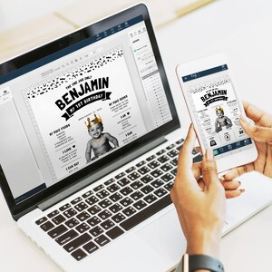 May include: A laptop and a smartphone displaying a digital birthday milestone poster for a child named Benjamin. The poster features a black and white leopard print border, a photo of a baby wearing a gold crown, and text detailing birthday facts.