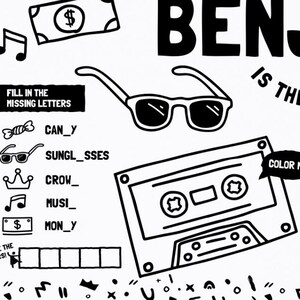 May include: A black and white activity sheet featuring a cassette tape, sunglasses, and a fill-in-the-missing-letters word game. The text includes FILL IN THE MISSING LETTERS, COLOR ME, and COMBINE THE LETTERS, alongside icons of candy, sunglasses, a crown, music note, and money.