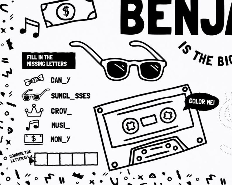 May include: A black and white activity sheet featuring a cassette tape, sunglasses, and a fill-in-the-missing-letters word game. The text includes FILL IN THE MISSING LETTERS, COLOR ME, and COMBINE THE LETTERS, alongside icons of candy, sunglasses, a crown, music note, and money.