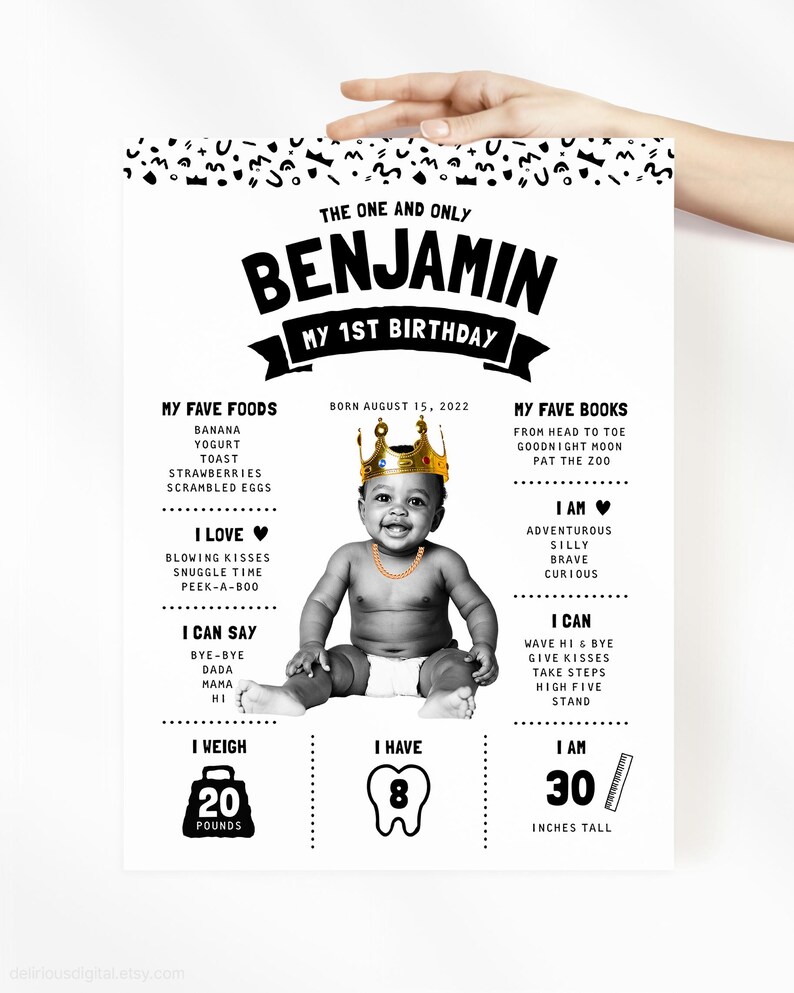 May include: A white birthday milestone poster for Benjamin featuring black text and graphics. It includes a central black and white photo of a baby wearing a gold crown and chain, with sections detailing favorite foods, books, and developmental milestones.