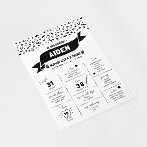 May include: Black and white birthday poster for a 3-year-old boy named Aiden. The poster includes details about his age, weight, height, favorite things, and abilities. It says "Notthin' but a 3 thang" and "My 3rd Birthday".
