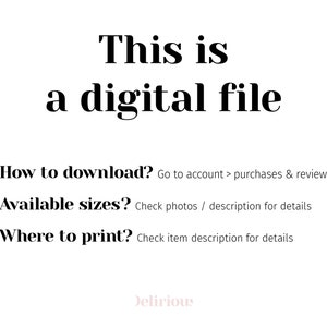 Puede incluir: Texto sobre un fondo blanco que dice "Esto es un archivo digital." Debajo del texto hay instrucciones sobre c&oacute;mo descargar, los tama&ntilde;os disponibles y d&oacute;nde imprimir el archivo. El texto "Delirious" est&aacute; en rosa en la parte inferior de la imagen.