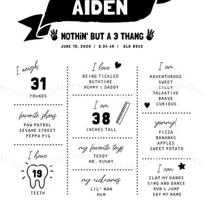 May include: A black and white printable baby milestone chart with the name Aiden at the top. The chart includes information about the baby's weight, height, favorite things, and abilities. The chart is decorated with hearts, stars, and other cute graphics.