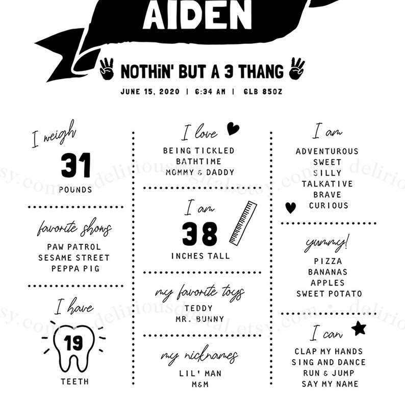 May include: A black and white printable baby milestone chart with the name Aiden at the top. The chart includes information about the baby's weight, height, favorite things, and abilities. The chart is decorated with hearts, stars, and other cute graphics.
