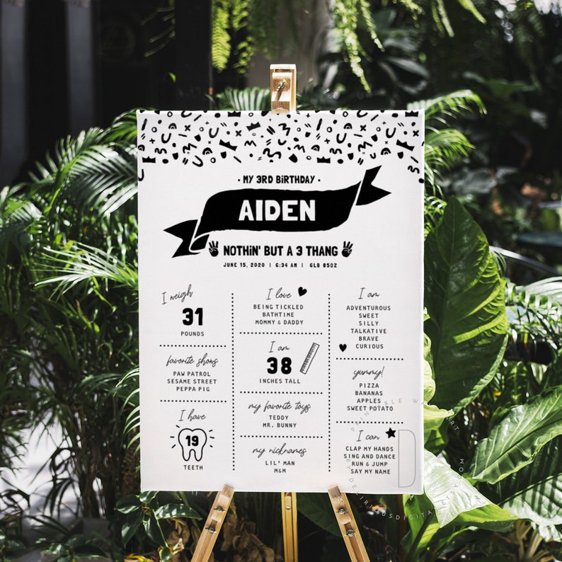 May include: Black and white birthday poster with the name Aiden and the text "Nothin' but a 3 thang". The poster includes details about the child's age, height, weight, favorite things, and abilities.