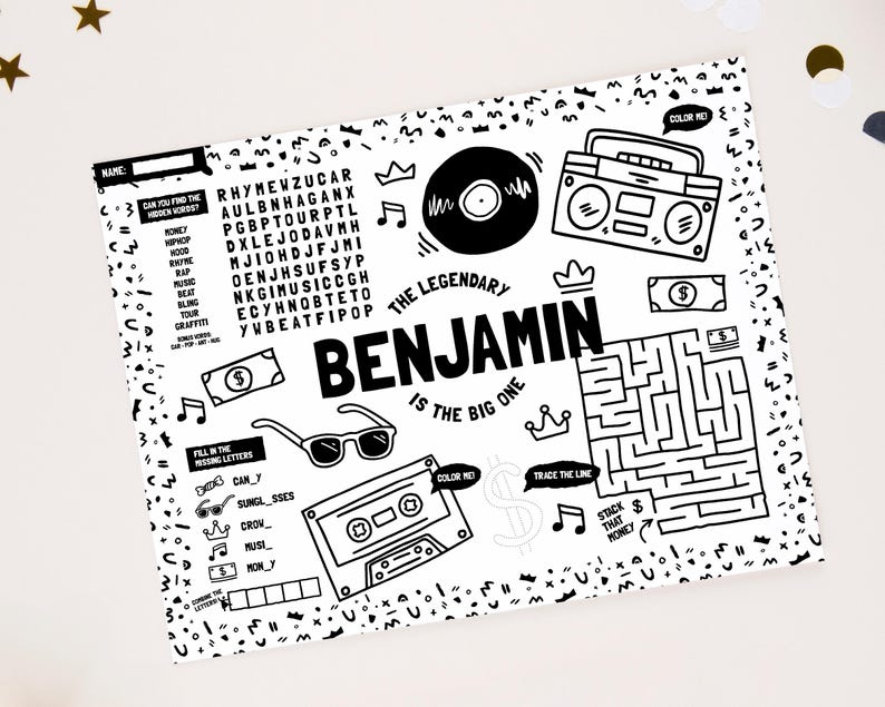 May include: A black and white activity sheet featuring the name BENJAMIN, a word search, a maze, and illustrations of a vinyl record, boombox, cassette tape, and sunglasses. The text reads THE LEGENDARY BENJAMIN IS THE BIG ONE with various prompts.